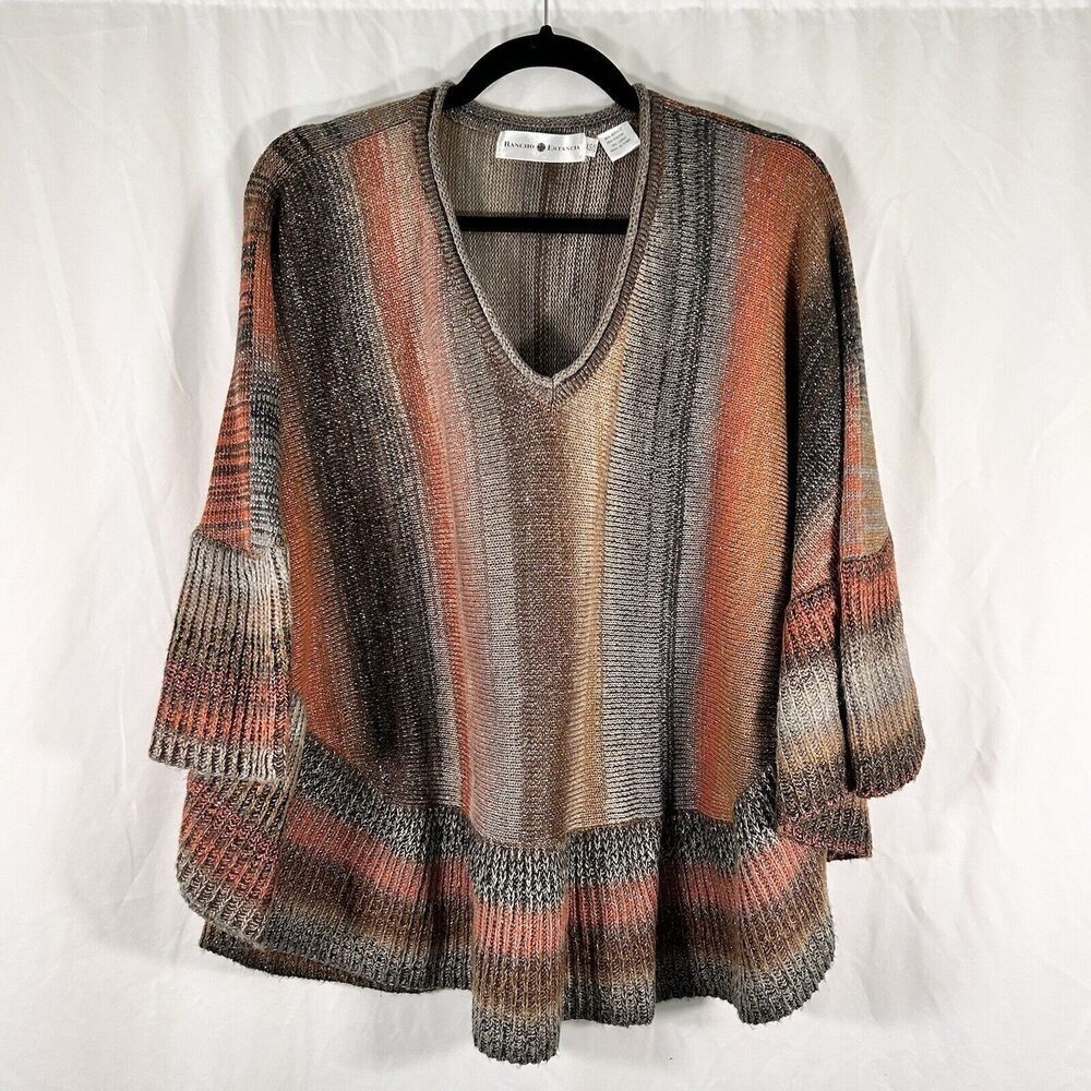 Rancho Estancia Poncho Blouse Women's Small XS Brown Silver Metallic Vneck